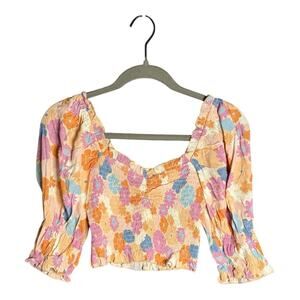 Charlie Holiday Pink and Purple Floral Cropped Smocked Top Size 8